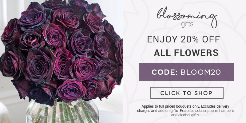 Use code BLOOM20 for 20% off all full priced bouquets at Blossoming Gifts. Excludes delivery charges & add-on gifts, subscriptions, hampers, and alcohol.