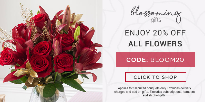 Use code BLOOM20 for 20% off all full priced bouquets at Blossoming Gifts. Excludes delivery charges & add-on gifts, subscriptions, hampers, and alcohol.