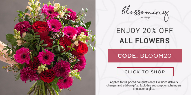Use code BLOOM20 for 20% off all full priced bouquets at Blossoming Gifts. Excludes delivery charges & add-on gifts, subscriptions, hampers, and alcohol.