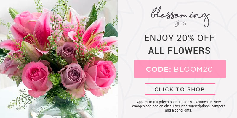 Use code BLOOM20 for 20% off all full priced bouquets at Blossoming Gifts. Excludes delivery charges & add-on gifts, subscriptions, hampers, and alcohol.