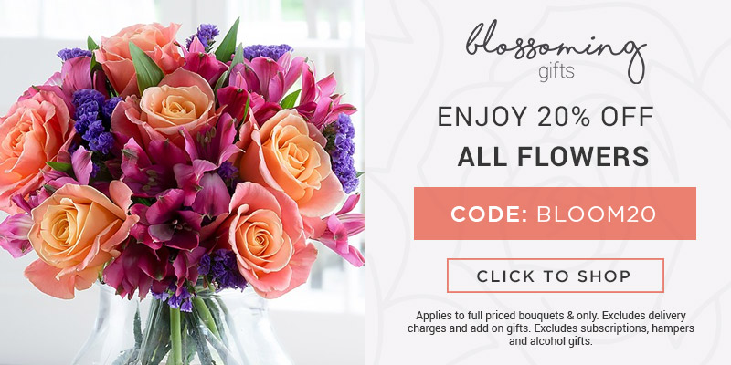 Use code BLOOM20 for 20% off all full priced bouquets at Blossoming Gifts. Excludes delivery charges & add-on gifts, subscriptions, hampers, and alcohol.