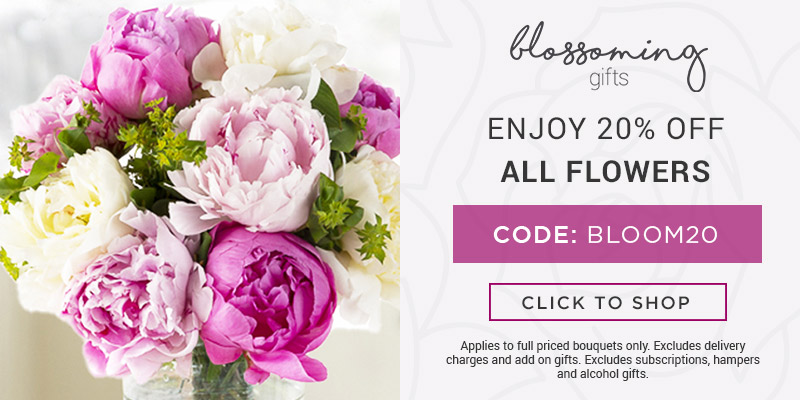 Use code BLOOM20 for 20% off all full priced bouquets at Blossoming Gifts. Excludes delivery charges & add-on gifts, subscriptions, hampers, and alcohol.