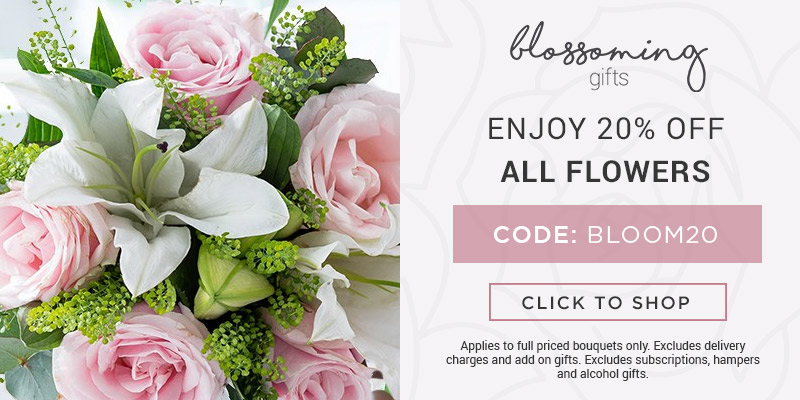 Use code BLOOM20 for 20% off all full priced bouquets at Blossoming Gifts. Excludes delivery charges & add-on gifts, subscriptions, hampers, and alcohol.