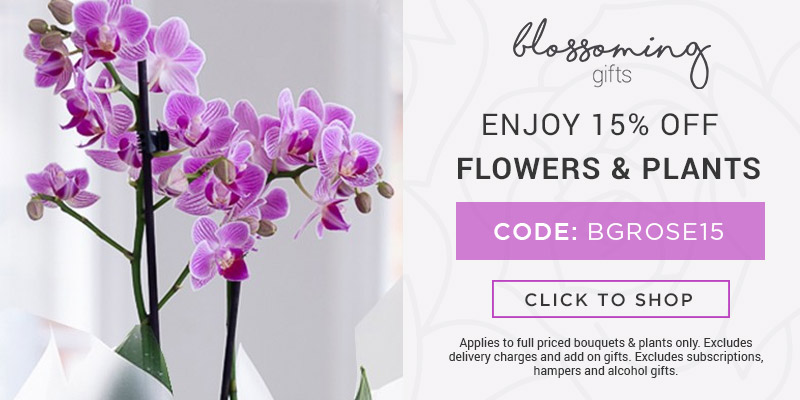 Use code BGROSE15 for 15% off all full priced bouquets and plants at Blossoming Gifts. Excludes delivery charges & add-on gifts, subscriptions, hampers, and alcohol