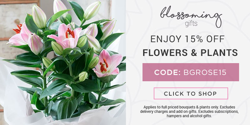 Use code BGROSE15 for 15% off all full priced bouquets and plants at Blossoming Gifts. Excludes delivery charges & add-on gifts, subscriptions, hampers, and alcohol