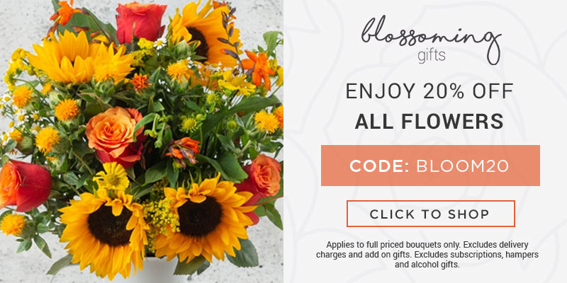 Use code BLOOM20 for 20% off all full priced bouquets at Blossoming Gifts. Excludes delivery charges & add-on gifts, subscriptions, hampers, and alcohol. 