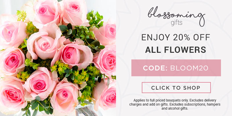 Use code BLOOM20 for 20% off all full priced bouquets at Blossoming Gifts. Excludes delivery charges & add-on gifts, subscriptions, hampers, and alcohol.