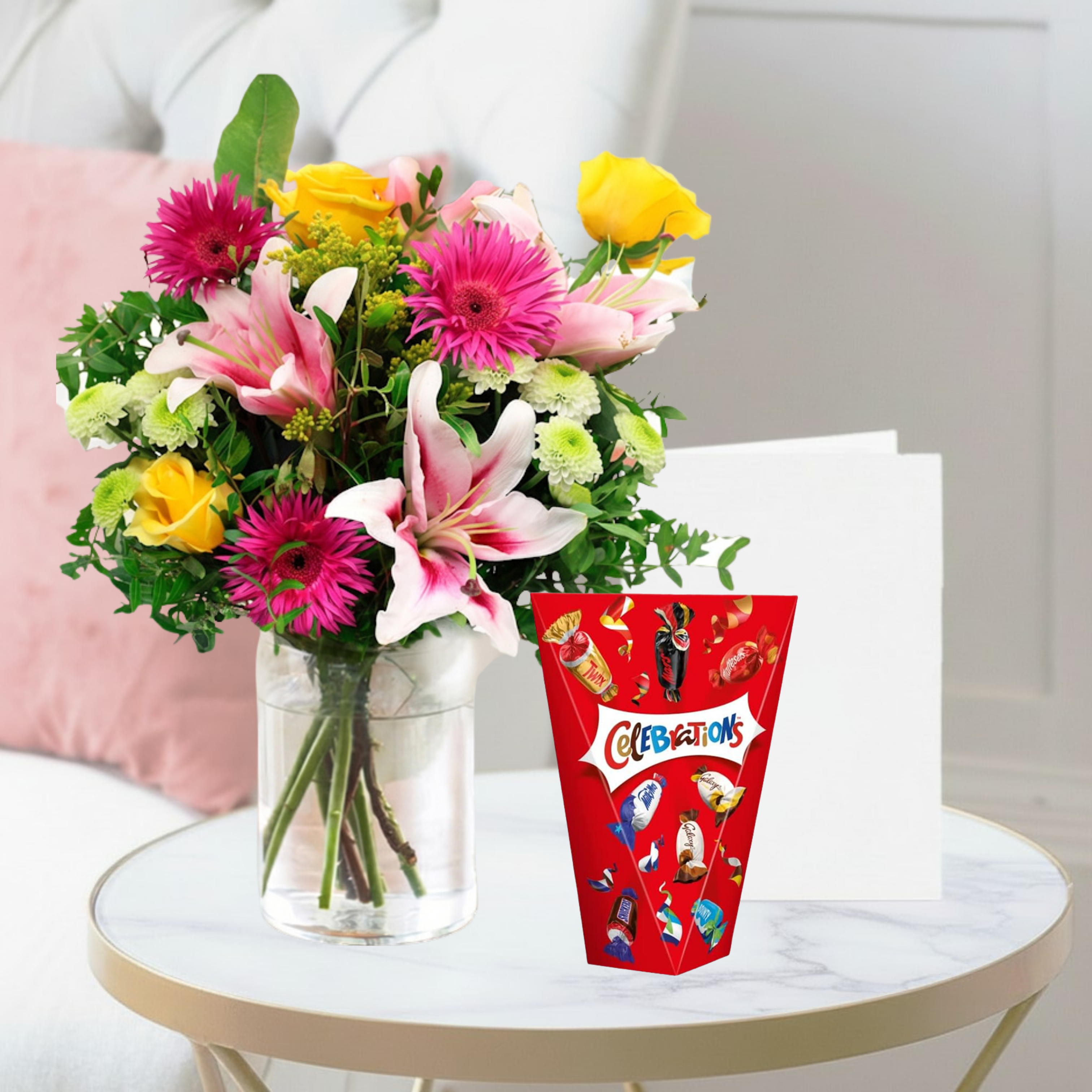 Flowers & Chocolates Gift Set - Radiant Glow, Celebrations & Occasion Card - Green & Pink Lilies & Roses - Next Day Flower & Gift Delivery UK -