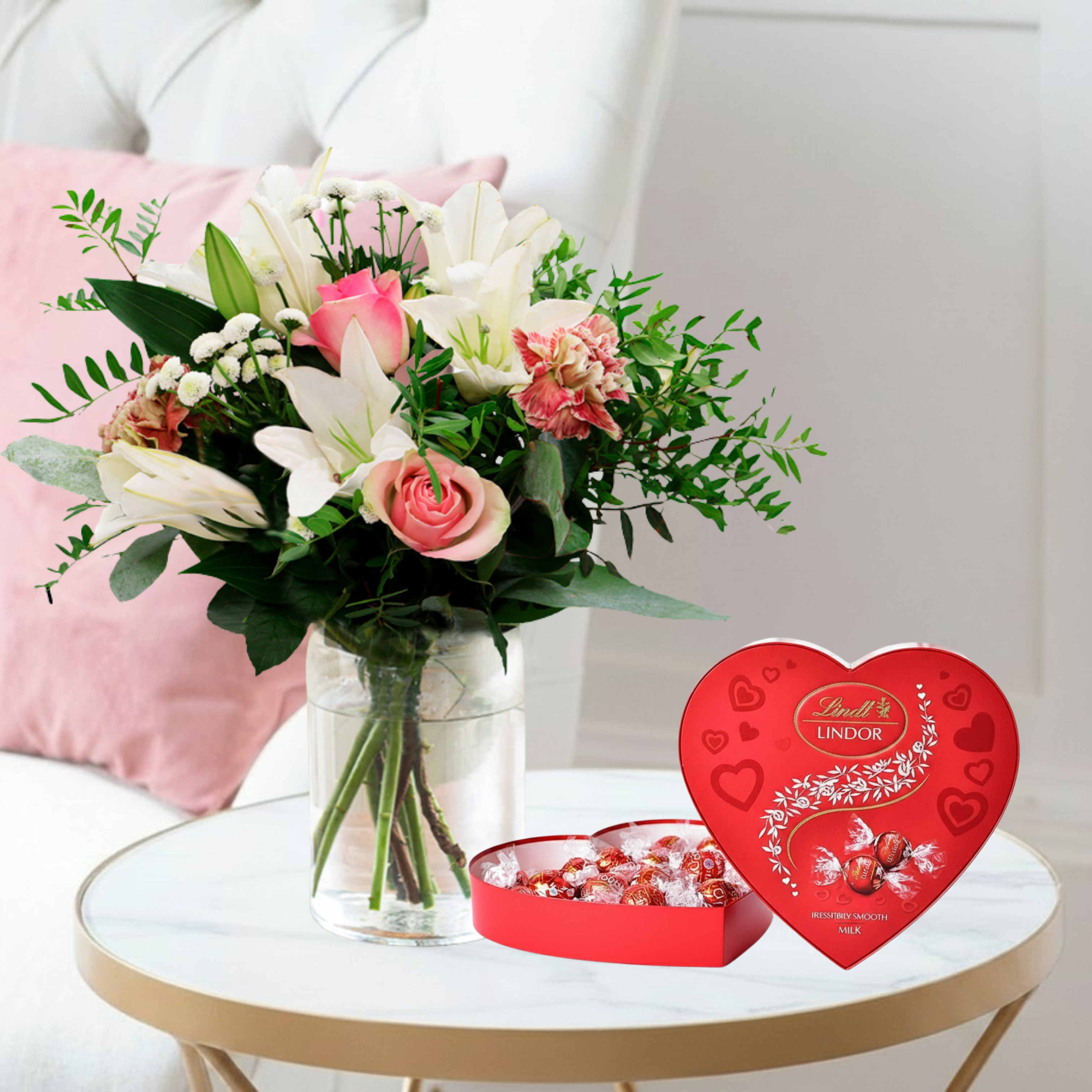 Flowers & Chocolates Gift Set - Pink Purity & Heart Lindors Chocolates - Cream & Pink Lilies & Roses - Next Day Flower & Gift Delivery UK - Blossoming