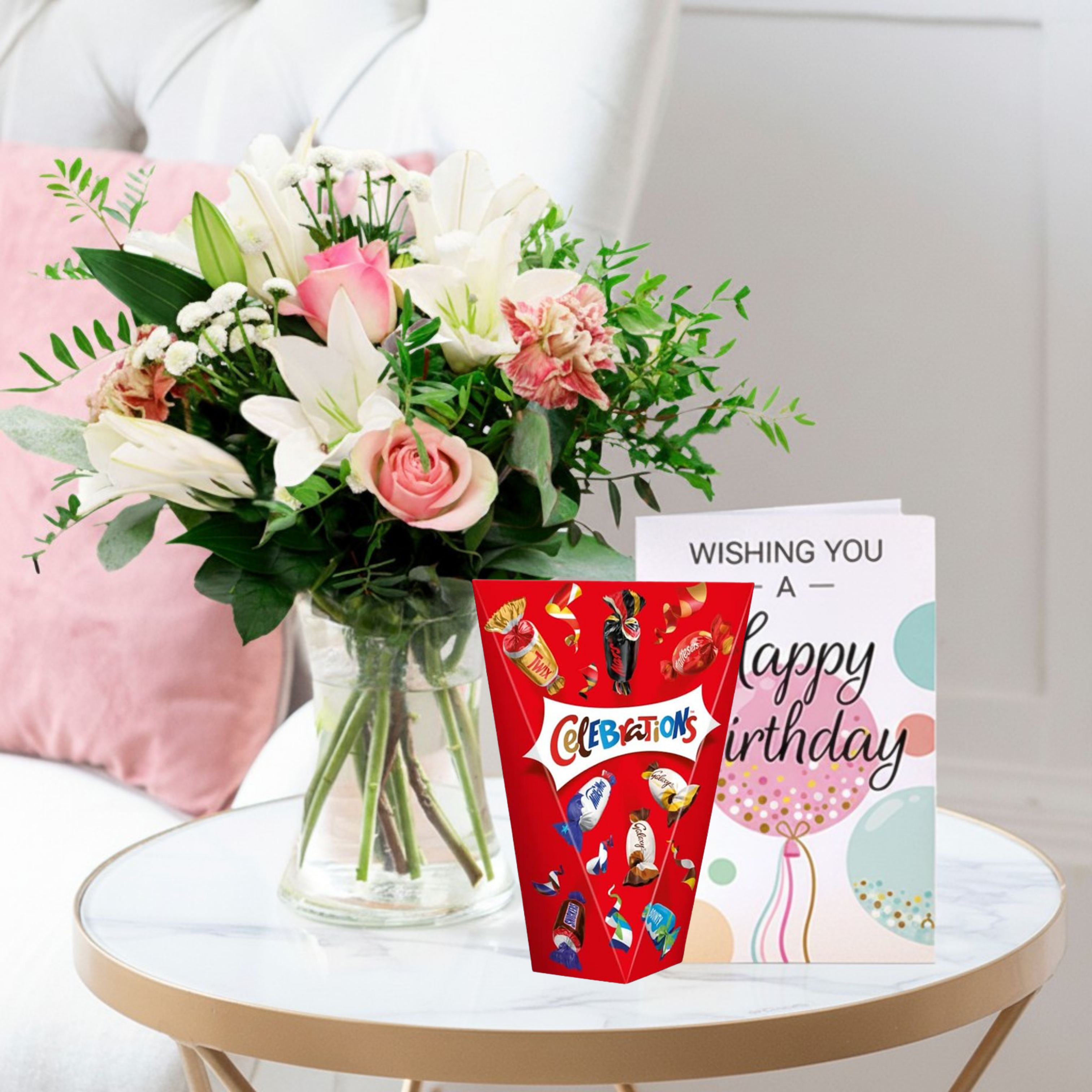 Birthday Flower Bouquet Gift Set - Pink Purity, Celebrations & Happy Birthday Card - Cream & Pink - Next Day Flower & Gift Delivery UK - Blossoming