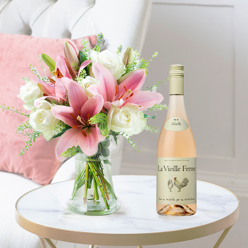 Flowers & Wine Gift Set - Beautiful Lily & Rose & Rosé Chicken Wine - Green & Pink Lilies & Roses - Next Day Flower & Gift Delivery UK - Blossoming
