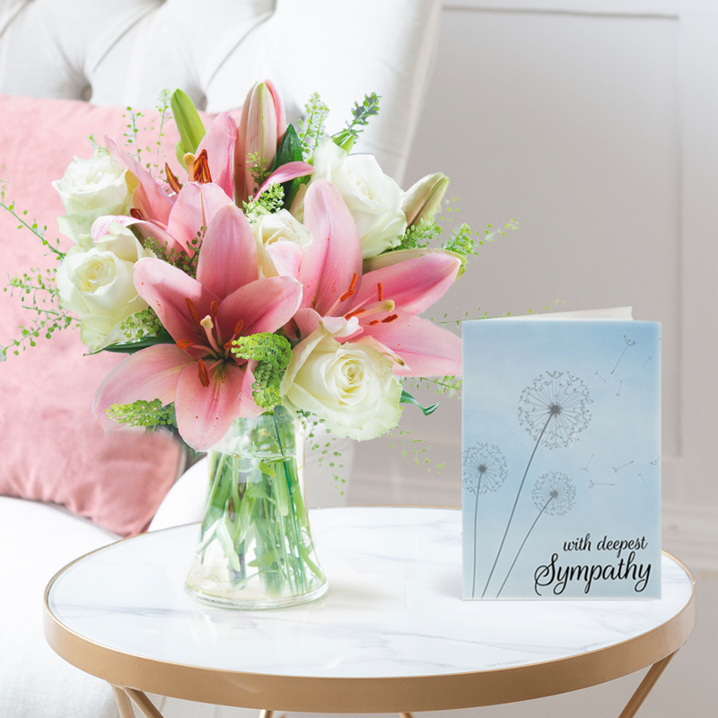 Sympathy Flower Bouquet Gift Set - Beautiful Lily & Rose & Sympathy Card - Pink & White Lillies - Next Day Flower & Gift Delivery UK - Blossoming