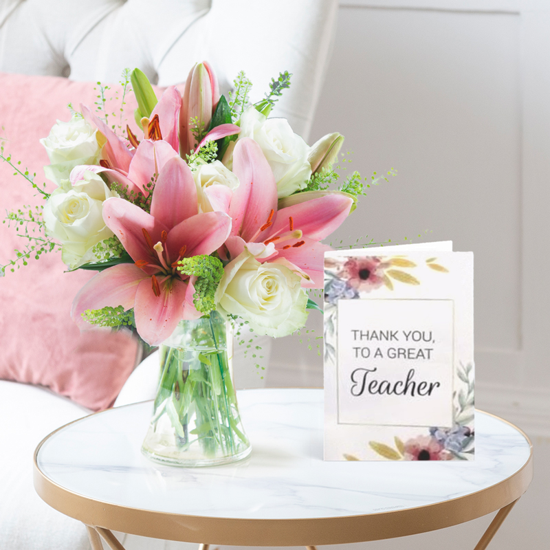 Thank You Flower Bouquet Gift Set - Beautiful Lily & Rose, Vase & Thank You Teacher Card - Pink & White Lilies & Roses - Next Day Flower & Gift