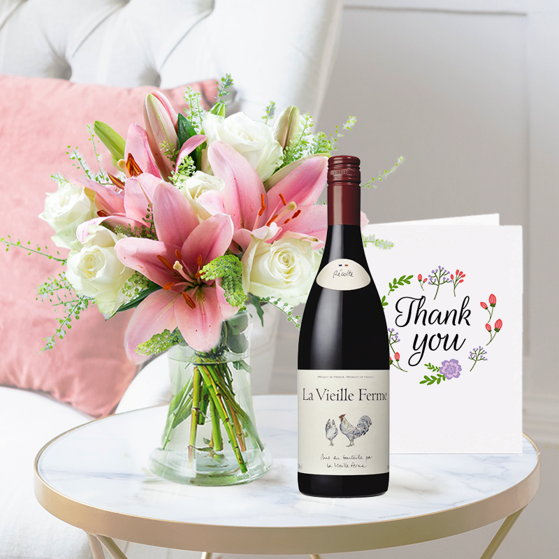 Thank You Flower Bouquet Gift Set - Beautiful Lily & Rose, Rosé Chicken Wine & Thank You Card - Green & Pink Lilies & Roses - Next Day Flower & Gift