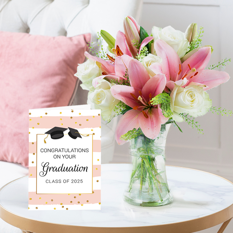 Beautiful Lily & Rose, Vase & Graduation Card - Next Day Flower & Gift Delivery UK - Blossoming Gifts