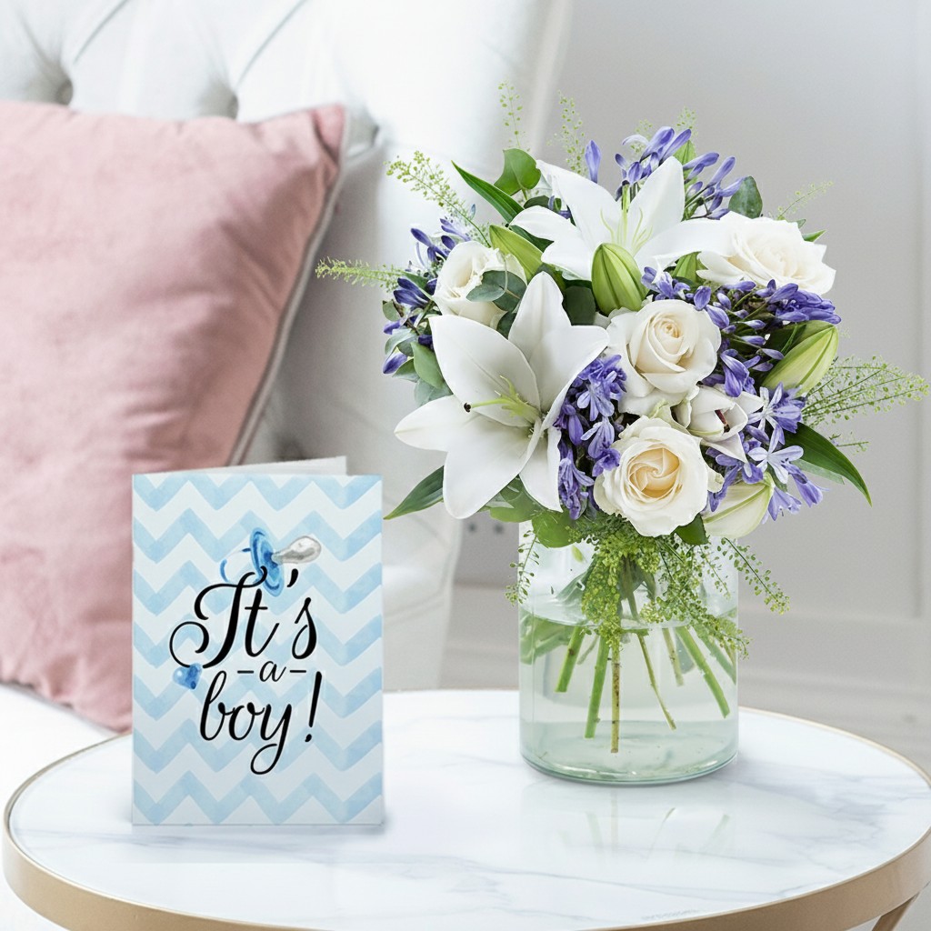 New Baby Flower Bouquet Gift Set - Belle & New Baby Boy Card - Blue & Cream - Next Day Flower & Gift Delivery UK - Blossoming Gifts