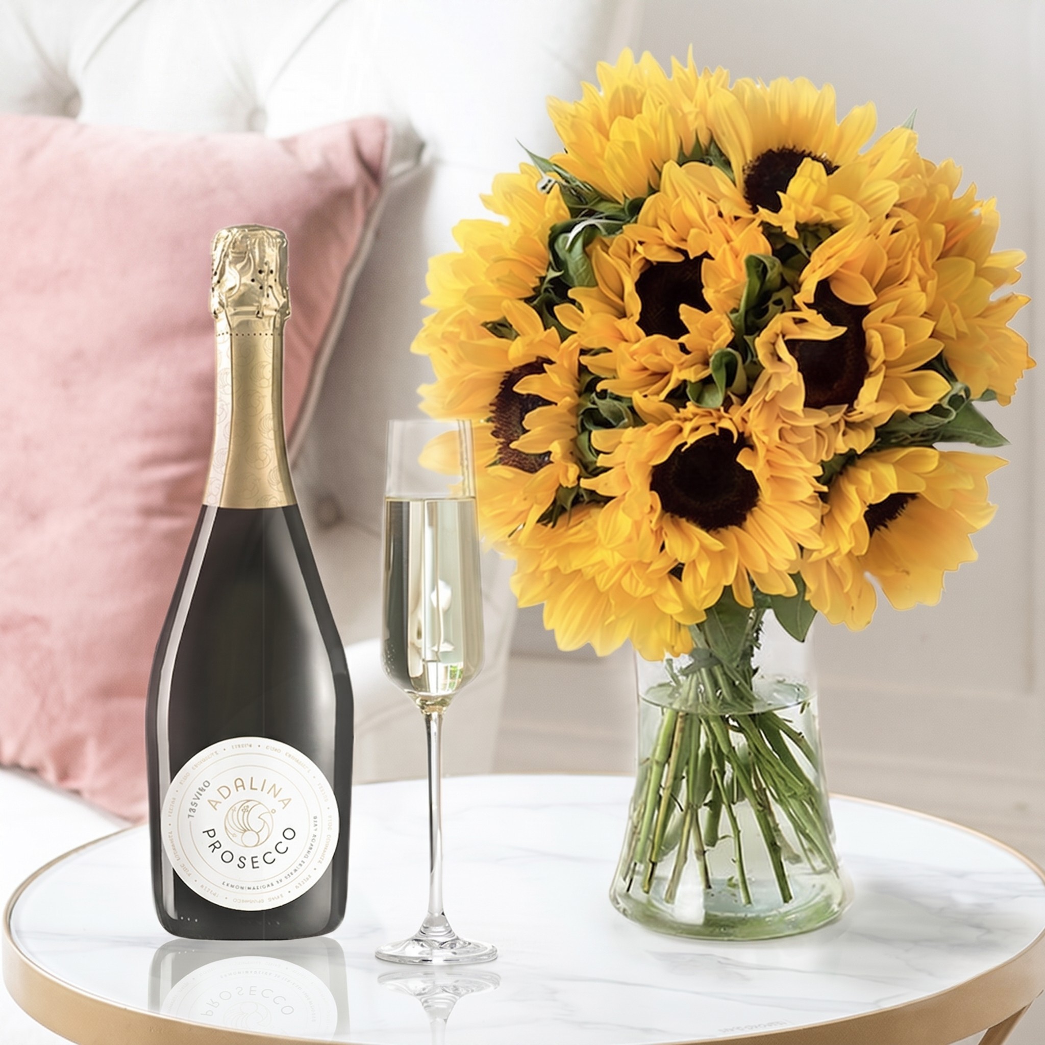 Flowers & Prosecco Gift Set - Summer Sunflowers, Adalina Prosecco & Vase - Yellow Roses - Next Day Flower & Gift Delivery UK - Blossoming Gifts