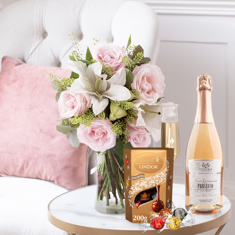Flowers & Prosecco Gift Set - Blush Pink Rose & Lily, Prosecco Rose & Lindor Chocolates - Pink & White Roses & Lilies - Next Day Flower & Gift