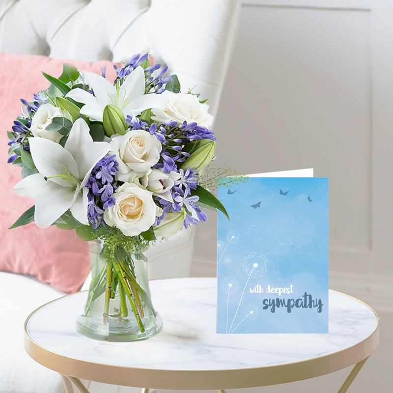 Sympathy Flower Bouquet Gift Set - Belle & Sympathy Card - Blue & Cream - Next Day Flower & Gift Delivery UK - Blossoming Gifts