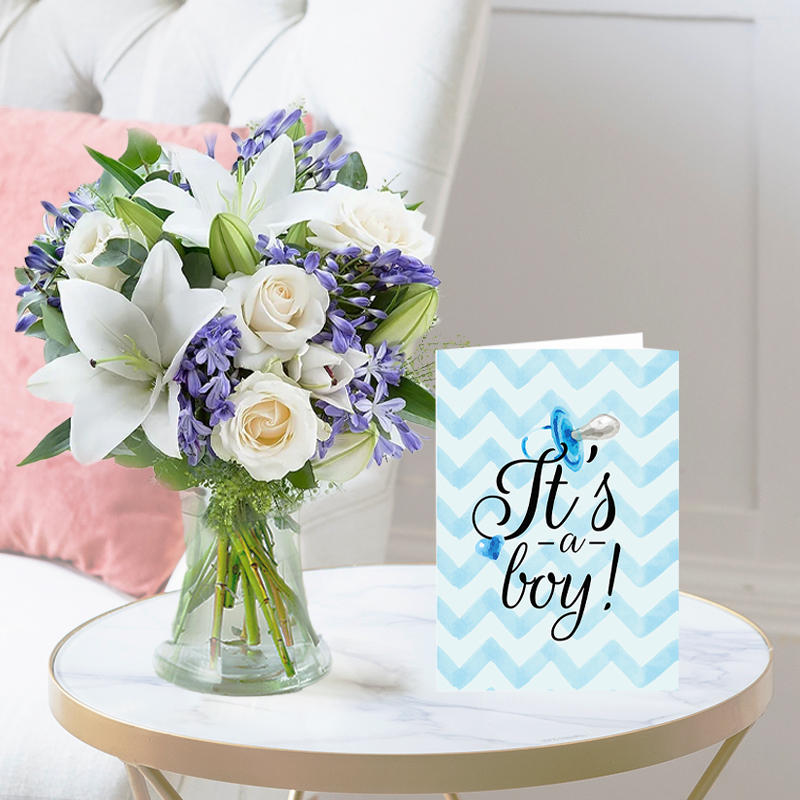 New Baby Flower Bouquet Gift Set - Belle & Baby Boy Card - Blue & Cream - Next Day Flower & Gift Delivery UK - Blossoming Gifts