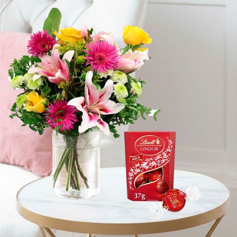 Affordable Flower Bouquet Gift Set - Radiant Glow & Free Lindor Chocolates - Pink - Next Day Flower & Gift Delivery UK - Blossoming Gifts