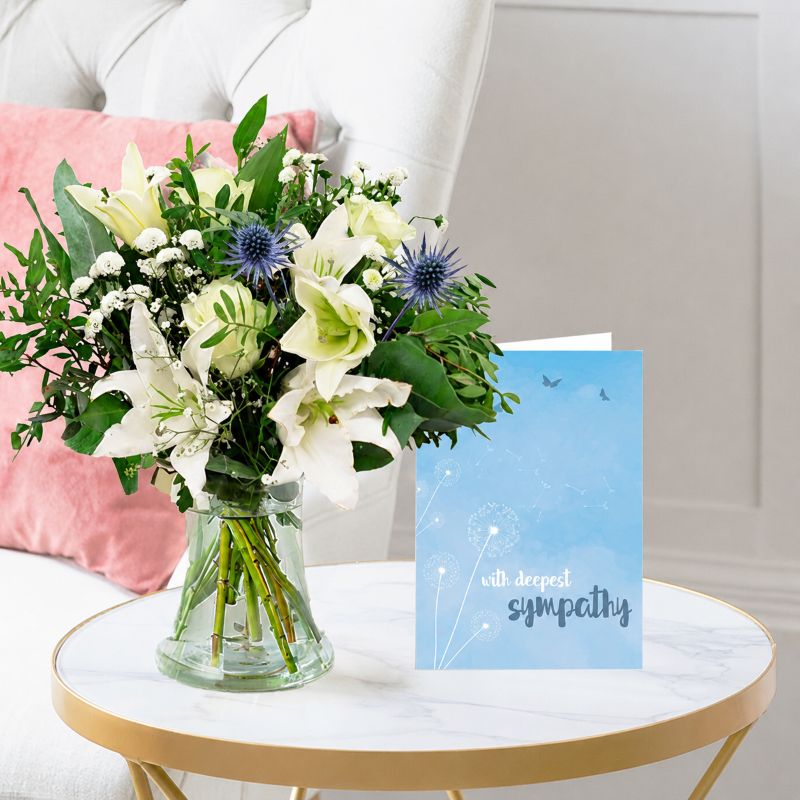 Sympathy Flower Bouquet Gift Set - Blissful White & Sympathy Card - White & Blue Roses & Lilies - Next Day Flower & Gift Delivery UK - Blossoming