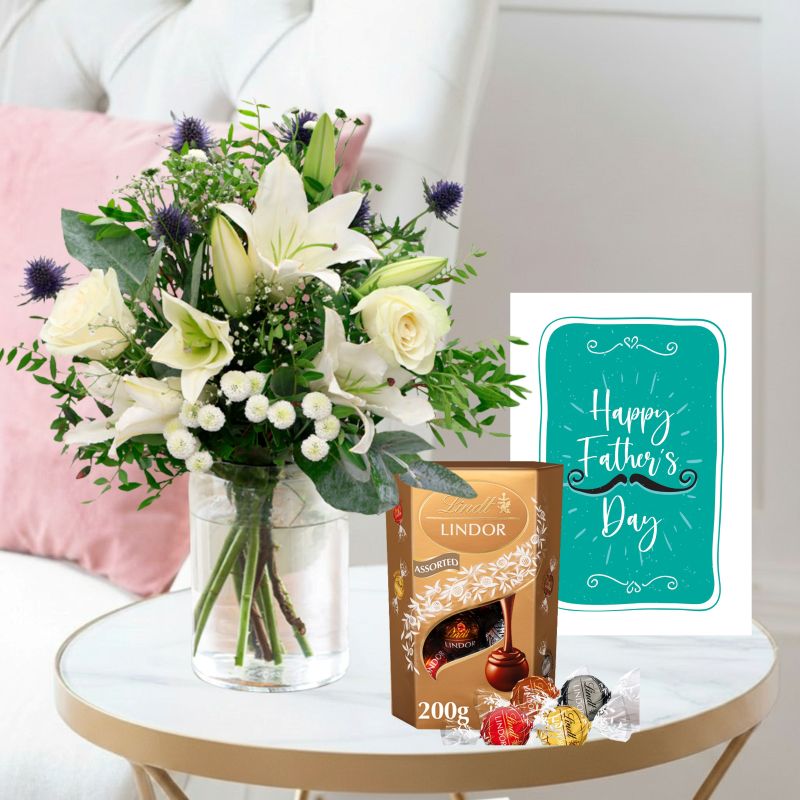 Flowers & Chocolates Gift Set - Blue Serenity, Lindor Truffles & Father's Day Card - Blue & Cream Germini & Lilies - Next Day Flower & Gift Delivery