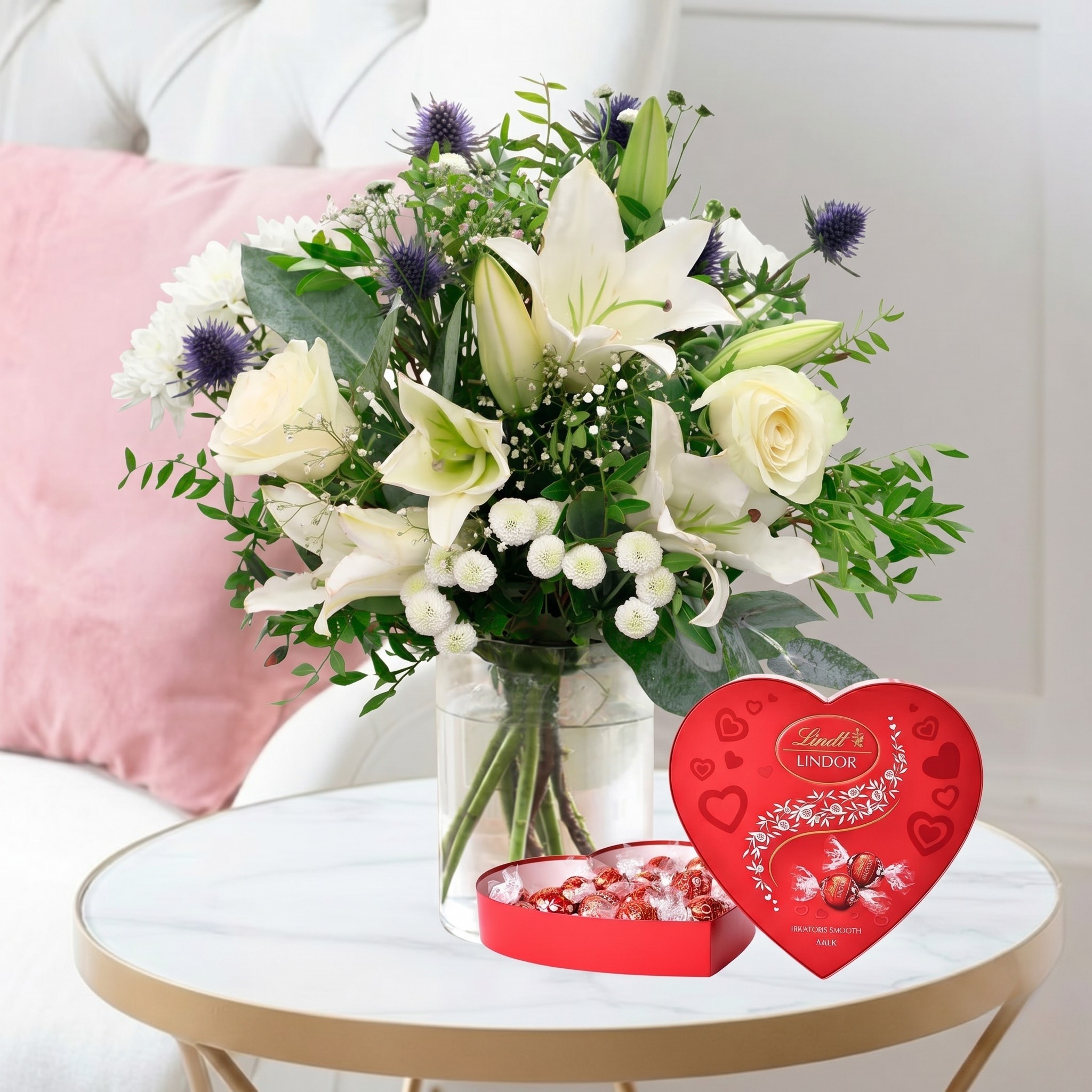 Flowers & Chocolates Gift Set - Blue Serenity & Heart Lindors Chocolates - Blue & Cream - Next Day Flower & Gift Delivery UK - Blossoming Gifts