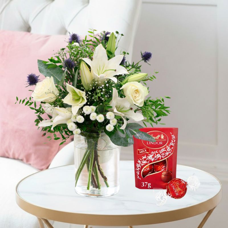 Flowers & Chocolates Gift Set - Blue Serenity, Vase & Lindor Chocolates - Blue & Cream - Next Day Flower & Gift Delivery UK - Blossoming Gifts
