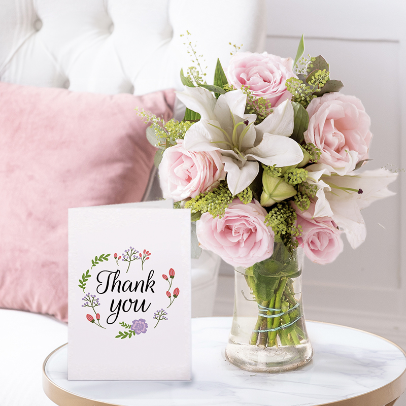 Thank You Flower Bouquet Gift Set - Blush Pink Rose & Lily, Vase & Thank You Card - Pink & White Roses & Lilies - Next Day Flower & Gift Delivery UK -