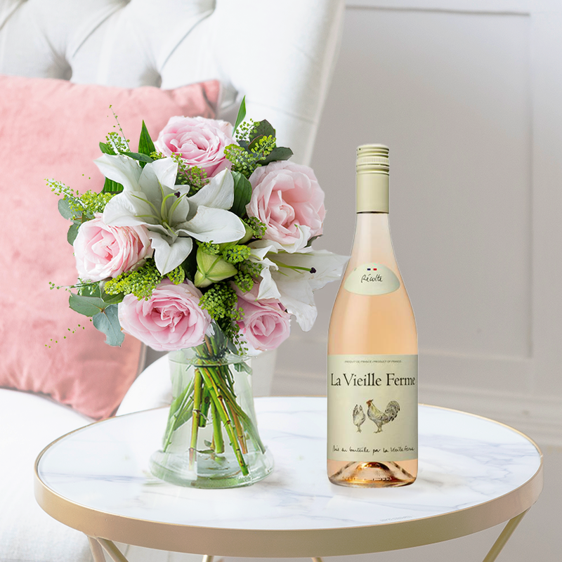 Flowers & Wine Gift Set - Blush Pink Rose & Lily & Rosé Chicken Wine - Pink & White Roses & Lilies - Next Day Flower & Gift Delivery UK - Blossoming