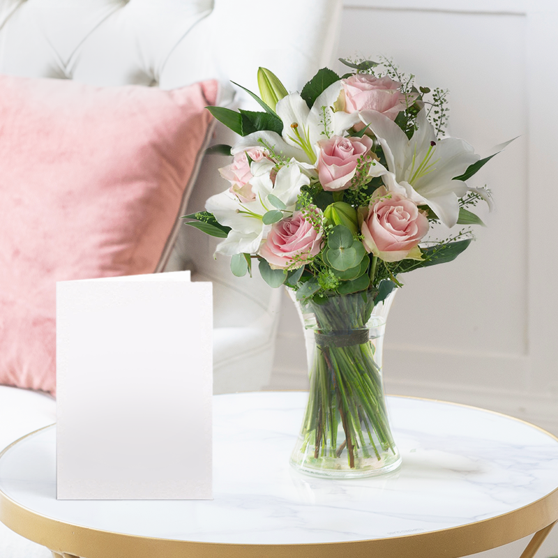 Flowers & Vase Gift Set - Blush Pink Rose & Lily, Vase & Card - Pink & White Lillies - Next Day Flower & Gift Delivery UK - Blossoming Gifts