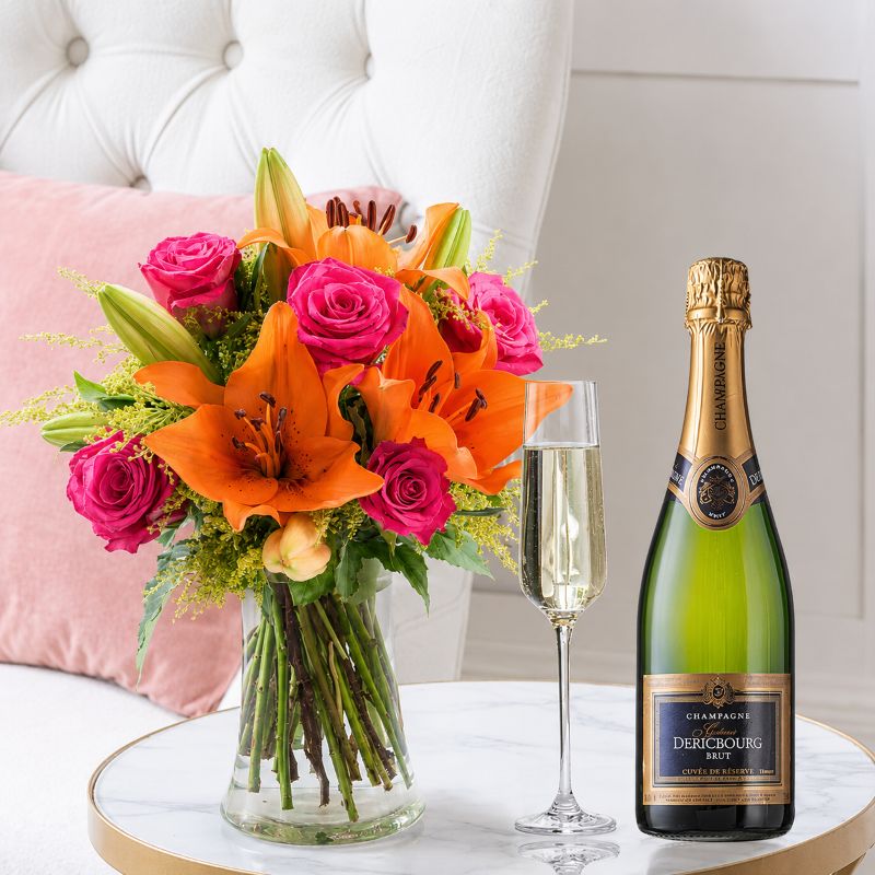 Flowers & Wine Gift Set - Cheerful Lily & Rose, Champagne & Vase - Pink & Orange Lillies - Next Day Flower & Gift Delivery UK - Blossoming Gifts