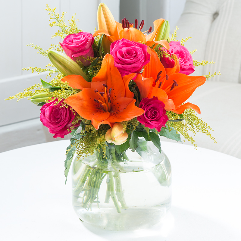 Orange & Pink Flower Bouquet - Cheerful Lily & Rose Lilies & Roses - Next Day Flower Delivery UK - Blossoming Gifts