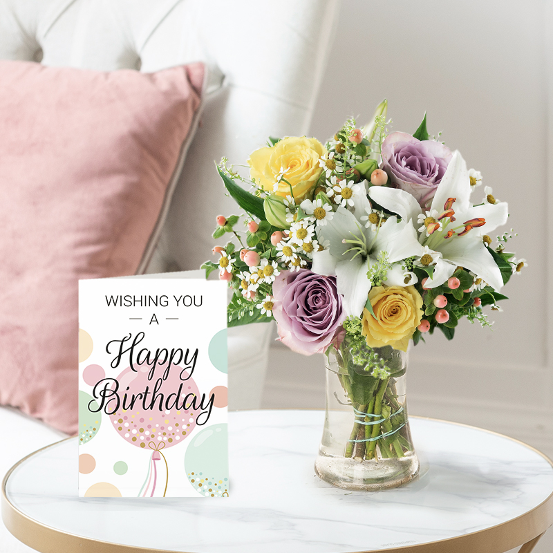Birthday Flower Bouquet Gift Set - Cipriani & Birthday Card - Green & Lilac - Next Day Flower & Gift Delivery UK - Blossoming Gifts
