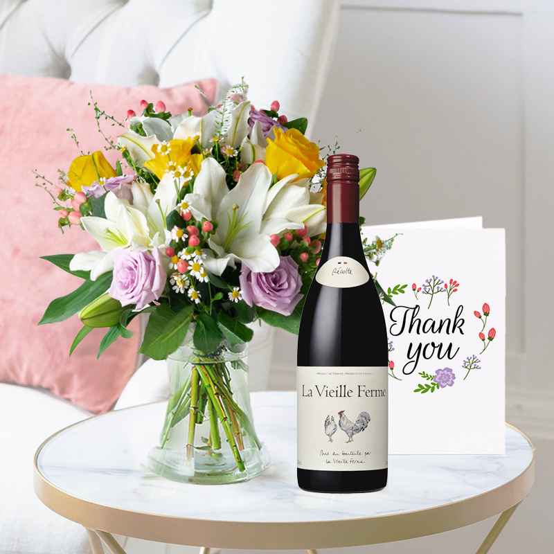 Thank You Flower Bouquet Gift Set - Cipriani, Rosé Chicken Wine & Thank You Card - Yellow & Purple Roses & Lilies - Next Day Flower & Gift Delivery UK