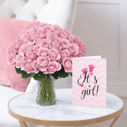 50 Pink Roses & It's a Girl Card