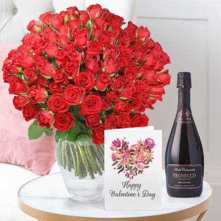 100 Red Roses, Prosecco Fidora and Valentine's Card