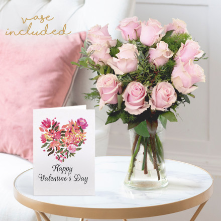 12 - 24 Luxury Pink Roses, Vase & Valentine's Card