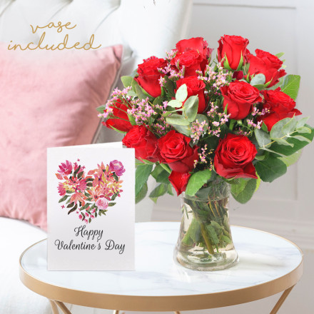 12-24 Valentine's Opulent Red Roses, Vase & Valentine's Card