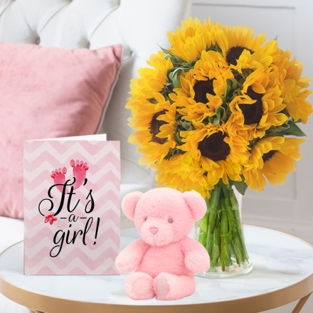 Simply Sunflowers, Pink Bear & Baby Girl Card