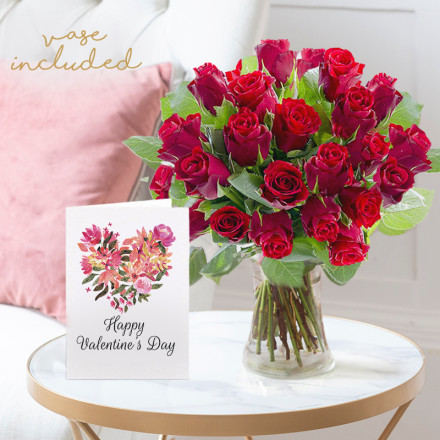 24 Red Roses, Vase & Valentine's Card 24 Red Roses, Vase & Valentine's Card