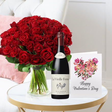 50 Red Roses, La Vielle Ferme Red (75cl) & Valentine's Card