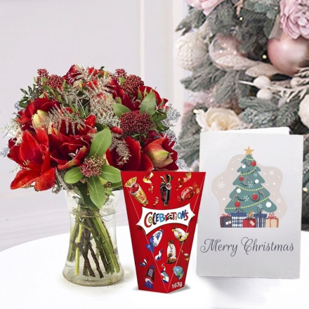 Amaryllis Bouquet, Celebrations Mini Chocolate & Biscuit Bars (163g) & Christmas Card