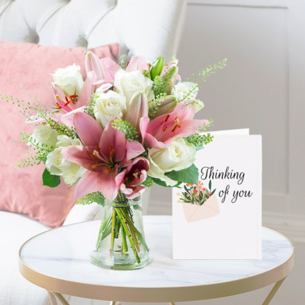 Beautiful Rose & Lily, Vase & Thinking of You Card Beautiful Rose & Lily, Vase & Thinking of You Card