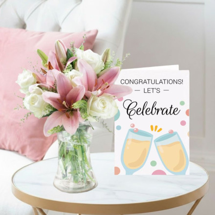 Beautiful Rose & Lily, Vase & Congratulations Card Beautiful Rose & Lily, Vase & Congratulations Card