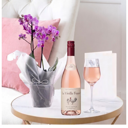 Gift Wrapped Mini Pink Orchid, La Vielle Ferme Rose (75cl) & Card Gift Wrapped Mini Pink Orchid, La Vielle Ferme Rose (75cl) & Card