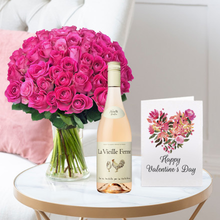 50 Pink Roses, La Vielle Ferme Rosé (75cl) & Valentine's Card