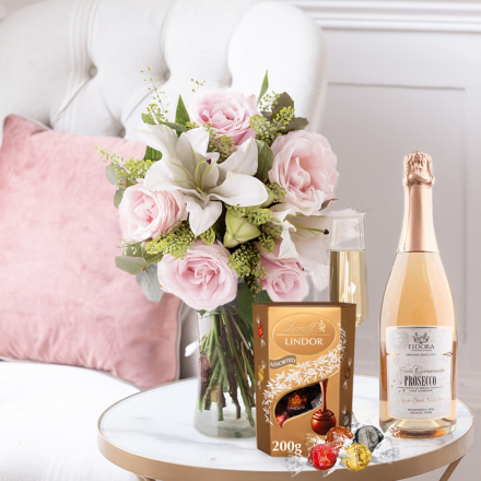 Blush Pink Rose & Lily, Prosecco Rose & Lindor Chocolates (200g)