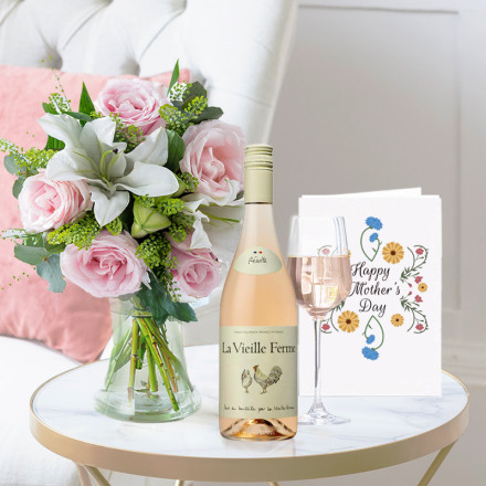 Blush Pink Rose & Lily, La Vielle Ferme Rosé Wine (75cl) & Mother's Day Card